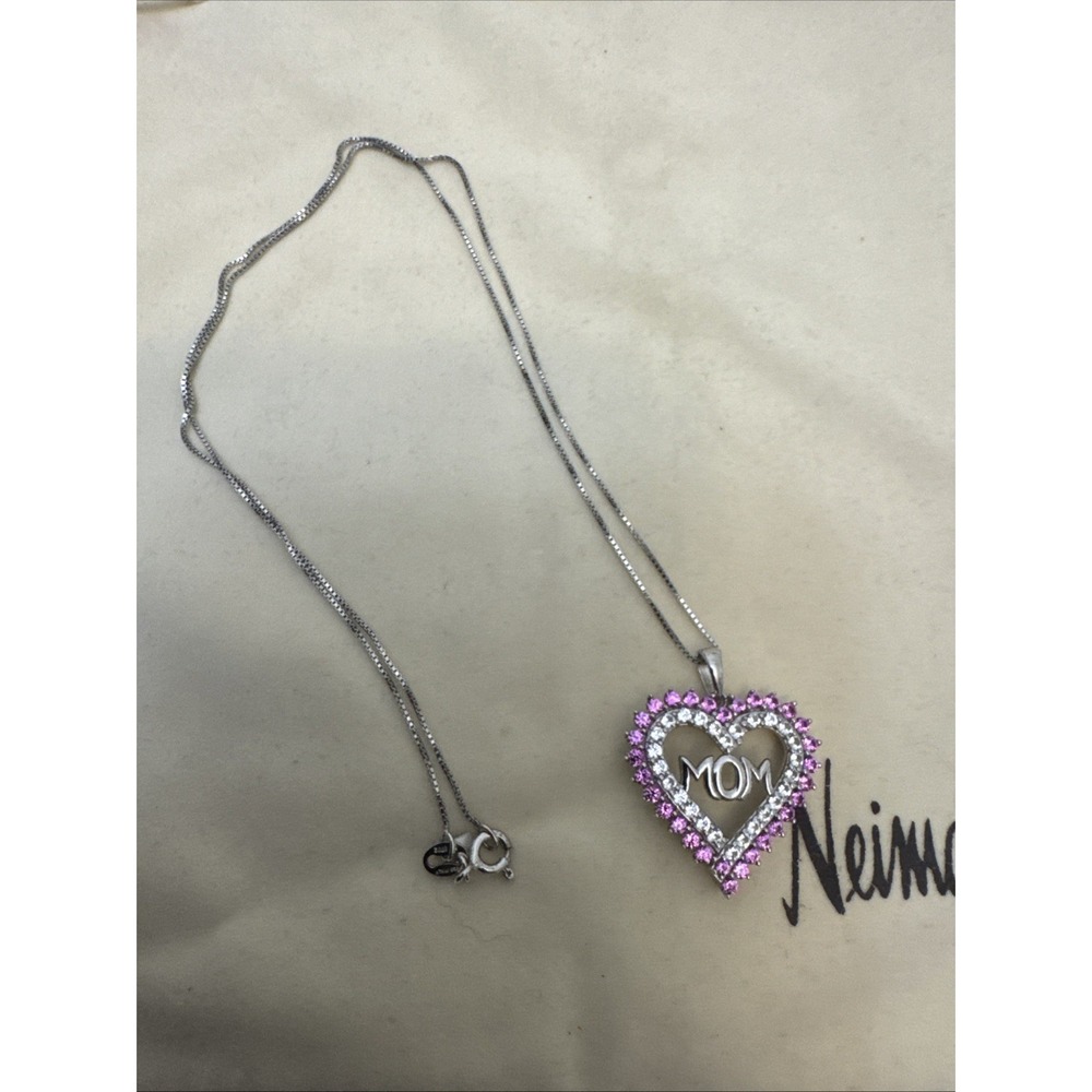 Lab Created Pink Sapphire Mom Heart Pendant Chain 925 Sterling Silver Sun Italy